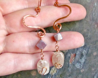 Mauve Jasper Rutile Quartz Chandelier Earrings ~ Long Hand Forged Copper Shoulder Dusters ~ Wire Wrapped Gemstone Dangles - Copper Earwires