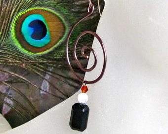 Earrings: 3" Long Hand Forged Gunmetal Spiral Shoulder Duster Earrings with Howlite, Blackstone, and Crystal - Sterling Silver Earwires