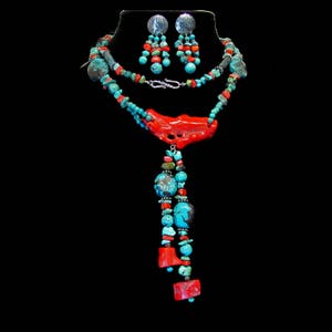 Turkusowy i koralowy długi naszyjnik z kolczykami ~ Długi naszyjnik z kolczykami ~ Styl południowo-zachodni Native Tribal - srebro próby 925 SS01
