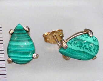 Earrings: Malachite Teardrop ~ Green Pear Shaped Gemstone ~ Sterling Silver Post Earrings