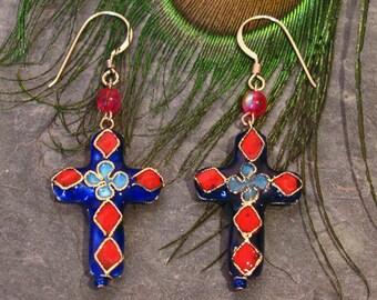 Red and Blue Cloisonne Cross Earrings ~ Enamel and Glass Christian Cross Earrings ~ 14Kt Gold-Filled French Hooks