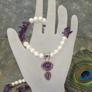 Pearl and Amethyst Statement Necklace ~ White Cultured Freshwater Pearls with Dark Purple Amethyst ~ Sterling Silver 20 inches