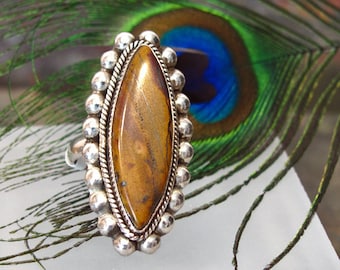 Picture Jasper Ring ~ Large Stone Ring ~ Long Oval Sterling Silver Statement Ring ~ Jasper Marquise Cabochon Ring - Size 7