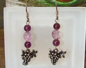 Earrings: Amethyst Beads with Grape Bunch Charms ~ Purple, Wine, Sterling Silver French Hook Earrings