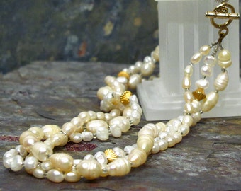 Creamy Pearl Torsade Necklace ~ 3 Strands of Genuine Natural Freshwater Pearls ~ Multi-strand Toggle Clasp Necklace