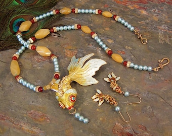 Articulated Cloisonne Gold Fish Necklace and Earrings Set ~ Carnelian, Yellow Jade, and Blue Pearls ~ 14Kt GF Jewelry Set - SS05