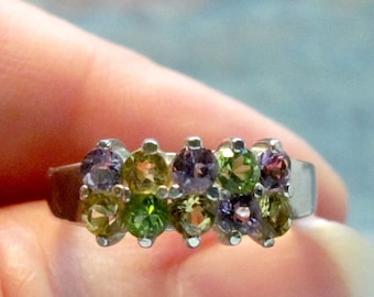 Amethyst, Peridot and Citrine Band Ring ~ Ten Stone Cocktail Ring ~ Purple, Green, and Yellow Mother's Ring ~ Sterling Silver Ring - Size 7