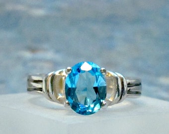 Vibrant Swiss Blue Topaz Ring ~ December Birthstone Ring ~ Sterling Silver Statement Ring ~ Oval Gemstone Solitaire Ring - Size 6.5