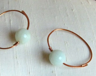 Copper Hoop Earrings with Faceted Amazonite and Copper Coil ~ Simple Minimalist Wire Wrapped Amazonite Open Hoop Earrings