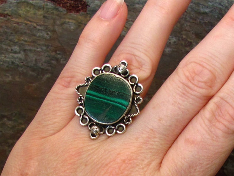 Malachite Ring Large Malachite Ring Banded Dark Green Stone Ring Sterling Silver Boho Ring Size 7 image 1
