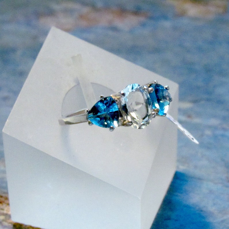Blue Topaz 3-Stone Ring ~ Sky Blue and Swiss Blue Topaz Statement Ring ~ December Birthstone Ring ~ Sterling Silver Gemstone Ring Size 7