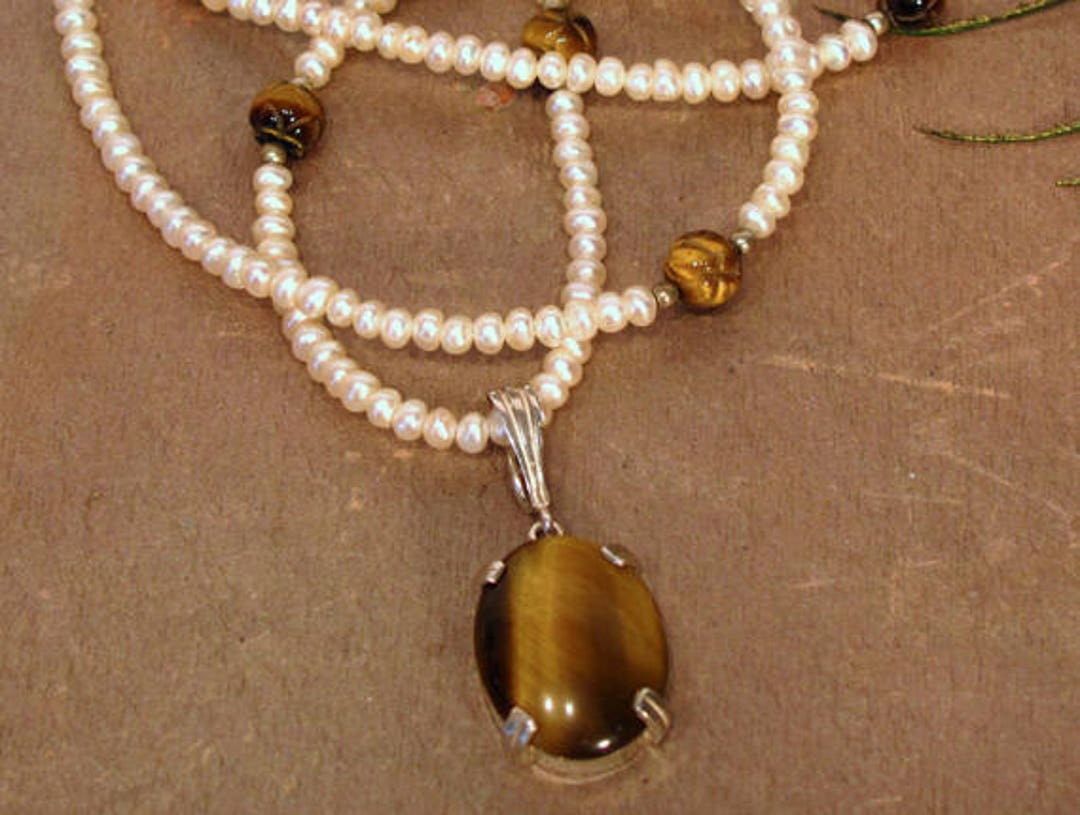 Tiger's Eye and Pearl Necklace With Enhancer Dainty Freshwater