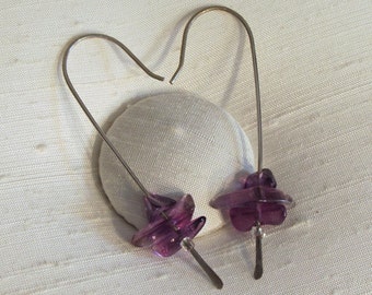 Earrings: Hand Forged Long Sterling Silver Shepherd's Hooks with Three Amethyst Gemstone Beads