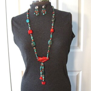 Turquoise and Coral Long Necklace with Earrings ~ Long Necklace with Post Earrings ~ Southwestern Style Native Tribal - Sterling Silver SS01 image 5