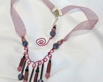 Lacy Magenta Wire Wrapped Bib Necklace with Glass Beads on Organza Ribbon - SB07