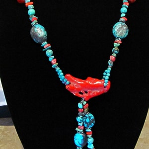 Turquoise and Coral Long Necklace with Earrings ~ Long Necklace with Post Earrings ~ Southwestern Style Native Tribal - Sterling Silver SS01 image 2