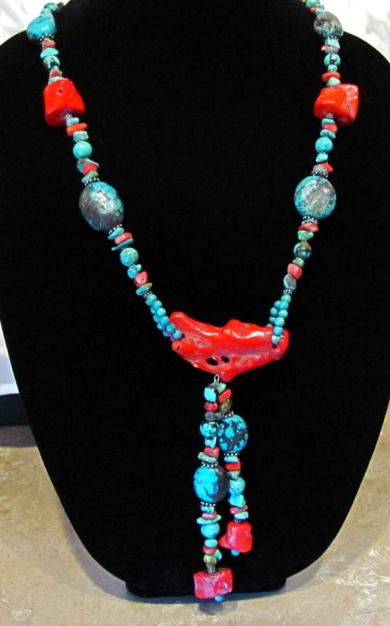 Turquoise and Coral Long Necklace with Earrings ~ Long Necklace with Post Earrings ~ Southwestern Style Native Tribal - Sterling Silver SS01 image 2