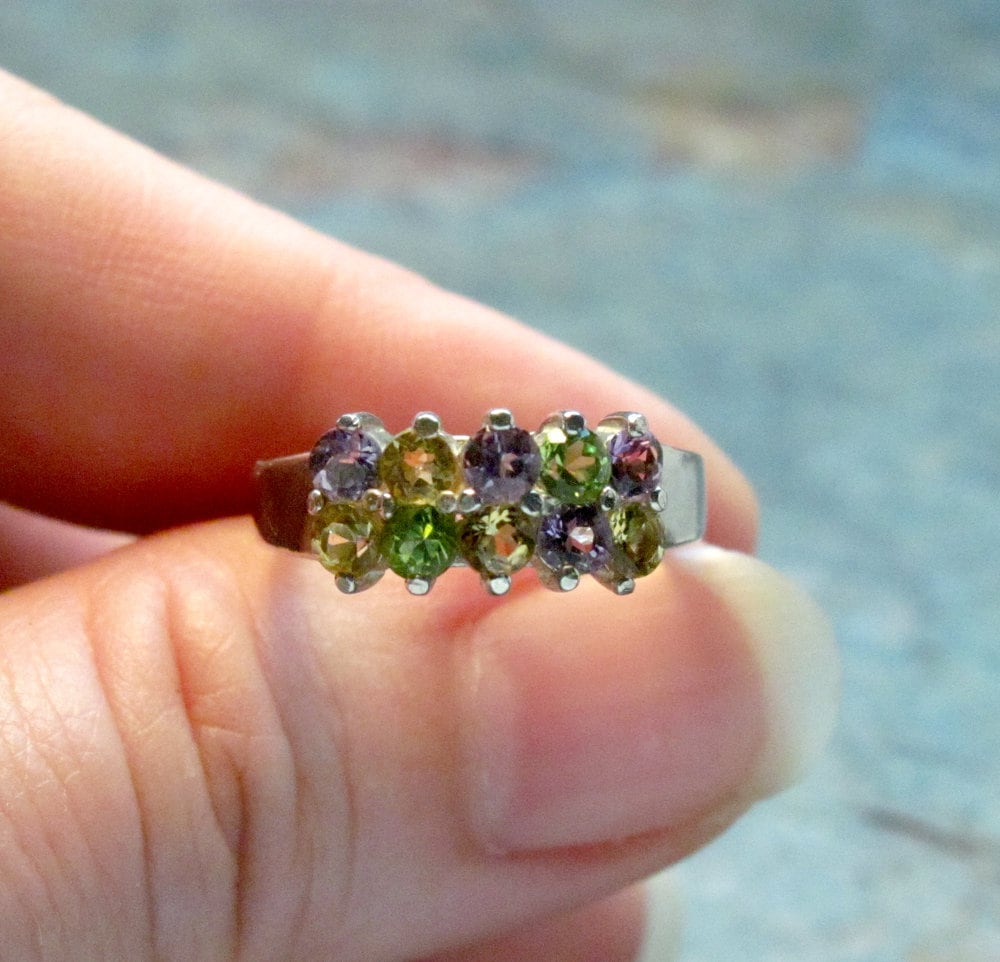 Amethyst, Peridot and Citrine Band Ring ~ Ten Stone Cocktail Ring ~ Purple, Green, and Yellow Mother's Ring ~ Sterling Silver Ring - Size 7