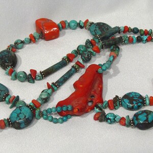 Turquoise and Coral Long Necklace with Earrings ~ Long Necklace with Post Earrings ~ Southwestern Style Native Tribal - Sterling Silver SS01 image 3