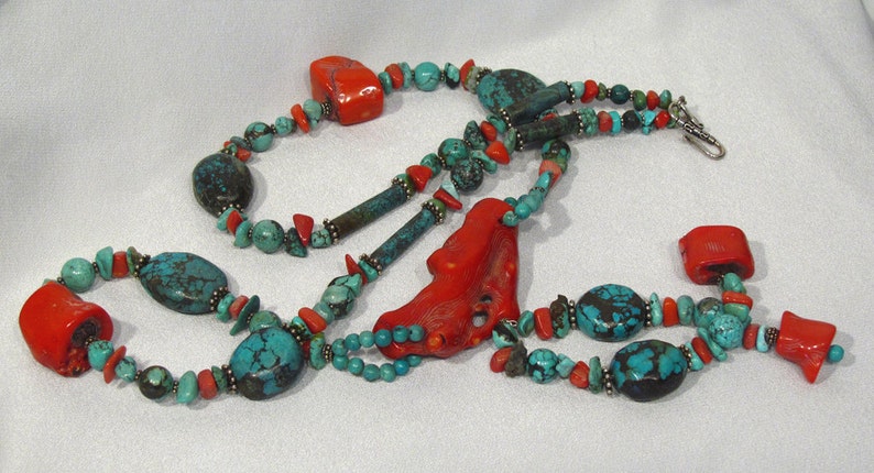 Turquoise and Coral Long Necklace with Earrings ~ Long Necklace with Post Earrings ~ Southwestern Style Native Tribal - Sterling Silver SS01 image 3