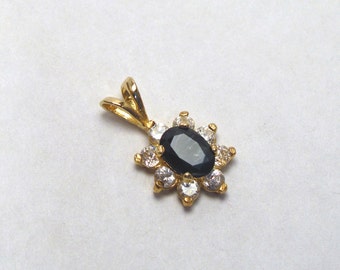 Sapphire Cluster Pendant in 14 Kt Yellow Gold ~ 1 ct Genuine Deep Blue Oval Sapphire ~ September Birthstone