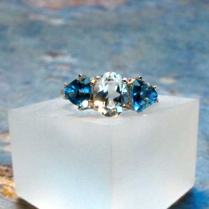 Blue Topaz 3-Stone Ring ~ Sky Blue and Swiss Blue Topaz Statement Ring ~ December Birthstone Ring ~ Sterling Silver Gemstone Ring Size 7