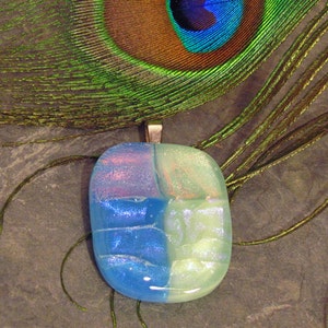 Two-Tone Iridescent Blue Dichroic Glass Pendant ~ Shimmering Aqua and Bright Blue Fused Glass Pendant