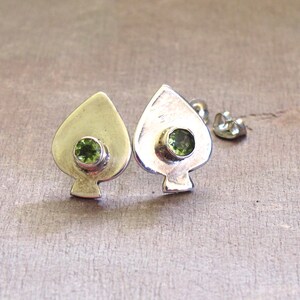 Peridot Earrings ~ Sterling Silver Spade Shaped Posts with Bezel Set Genuine Peridots ~ August Birthstone Stud Earrings