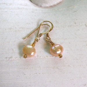 Pearl Earrings: Simple Wire-Wrapped Peach FWP Dangles w/14Kt GF Ear Hooks