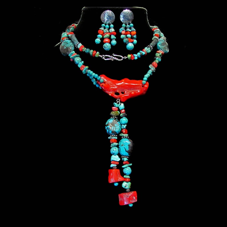 Turquoise and Coral Long Necklace with Earrings ~ Long Necklace with Post Earrings ~ Southwestern Style Native Tribal - Sterling Silver SS01 image 1