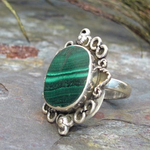 Malachite Ring Large Malachite Ring Banded Dark Green Stone Ring Sterling Silver Boho Ring Size 7 image 3