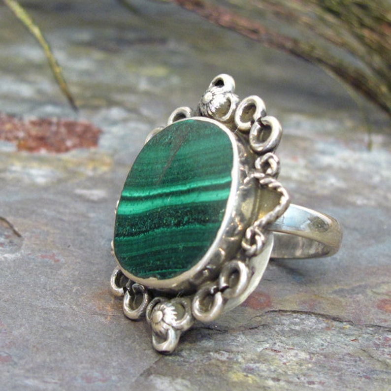 Malachite Ring Large Malachite Ring Banded Dark Green Stone Ring Sterling Silver Boho Ring Size 7 image 3