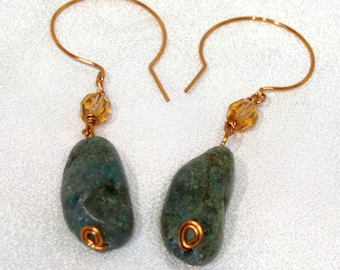 Turquoise and Peach Crystal Hand Forged Copper Wire Earrings - E82