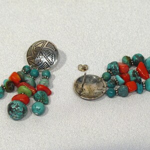 Turquoise and Coral Long Necklace with Earrings ~ Long Necklace with Post Earrings ~ Southwestern Style Native Tribal - Sterling Silver SS01 image 4