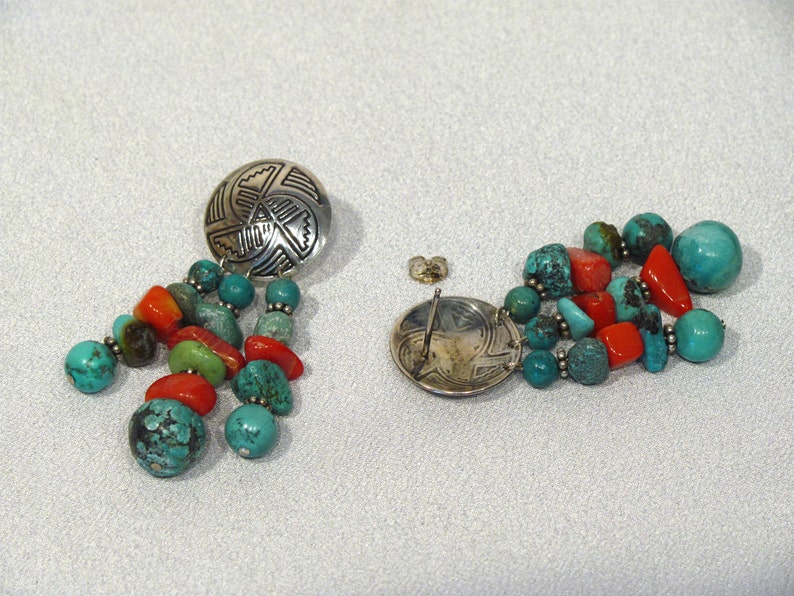 Turquoise and Coral Long Necklace with Earrings ~ Long Necklace with Post Earrings ~ Southwestern Style Native Tribal - Sterling Silver SS01 image 4