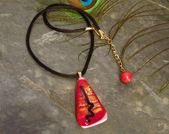 Red Dichroic Glass Choker ~ Statement Necklace with Black Satin Cord ~ adjustable 14-16 inches