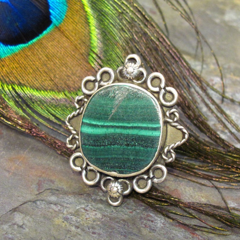 Malachite Ring Large Malachite Ring Banded Dark Green Stone Ring Sterling Silver Boho Ring Size 7 image 2