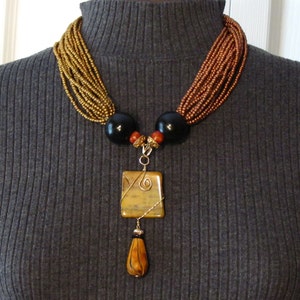 Beaded Bronze and Copper Torsade Necklace with Wrapped Agate Pendant - NS04