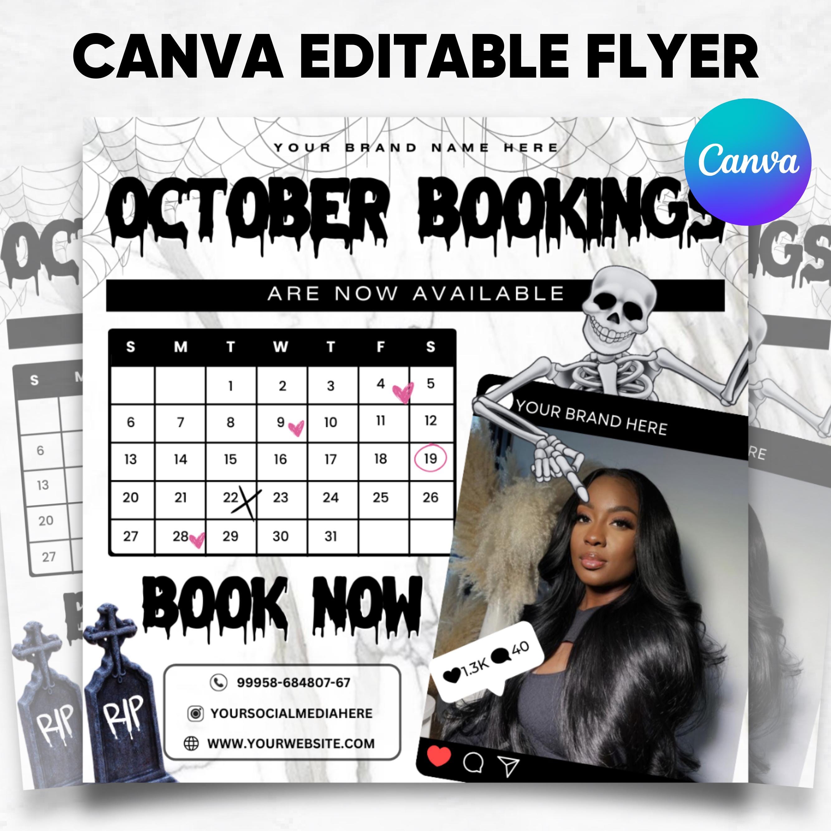 October Booking Flyer, October Fall Season Booking Flyer Template, Braid Hair Nail Tech Flyer Template, Halloween Flyer, Canva Template