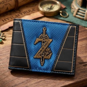 May include: A bi-fold wallet with a blue central panel featuring a gold emblem of a sword and the letter Z. The wallet has black side panels and gold trim, set on a wooden surface.