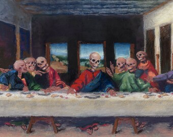 The Very Last Supper - skeleton Jesus with apostles sitting down for dinner downloadable print