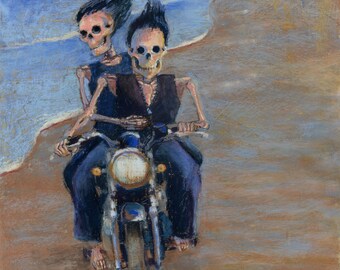 Bone to be Wild - romantic skeleton couple riding a motorcycle on the beach downloadable print