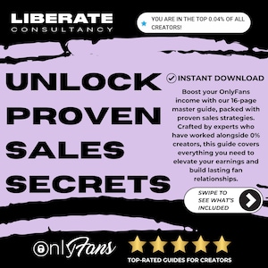 May include: Purple and black graphic with the text "Unlock Proven Sales Secrets" and "Liberate Consultancy". The graphic also includes the text "Instant Download" and "Swipe to see what's included".