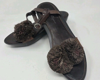 Barefoot Wedge Sandals Brown Leather raffia tassels Robert Cleresie Paris Sz 6.5