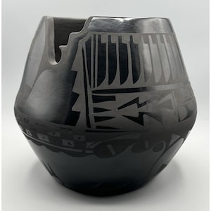 Carmelita Dunlap Black on Black Pottery Vase, San Ildefonso Pueblo Vessel (10" H x 12" W)