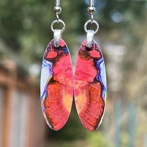 May include: A pair of dangle earrings with a red, white, and blue abstract design. The earrings are oval shaped and have silver hooks.