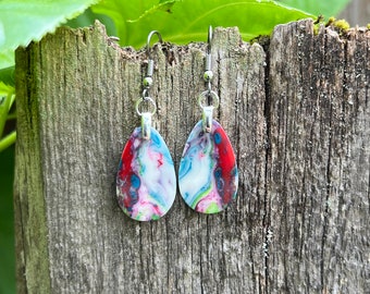 Petite Teardrop Red And White Lightweight Resin Earrings