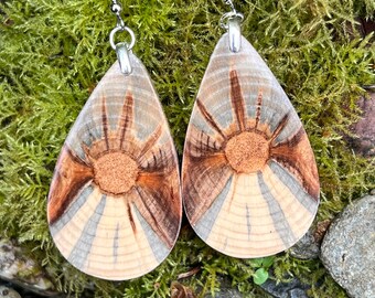 Fun Stunning Natural Monkey Puzzle Wood Teardrop Earrings