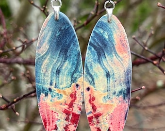 Large Beautiful Wooden Earrings Infused Stabilized Boxelder Rainbow Super Bright Light Weight