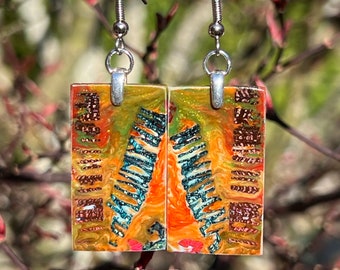 Orange Rectabglwe Earrings Prickly Pear Cactus Salvaged Desert Sheer Light Weight